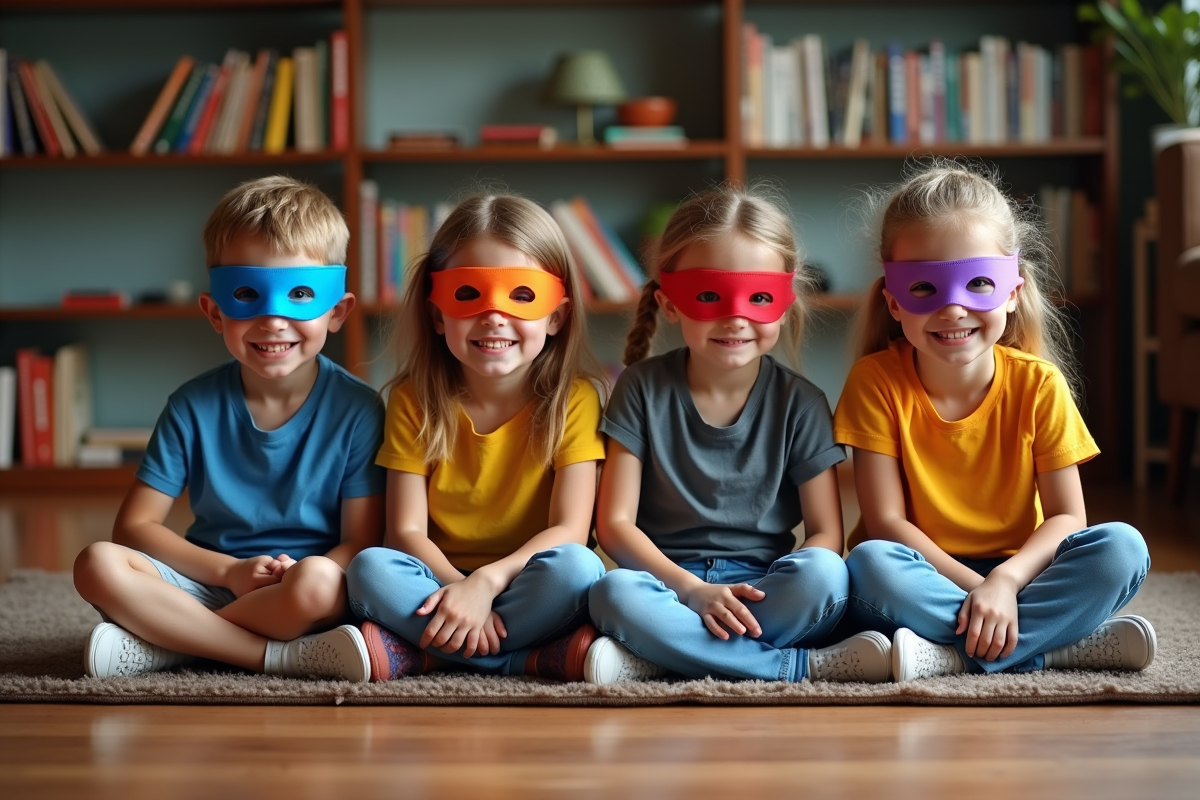 Quatre enfants avec masques colorés de ninja turtle