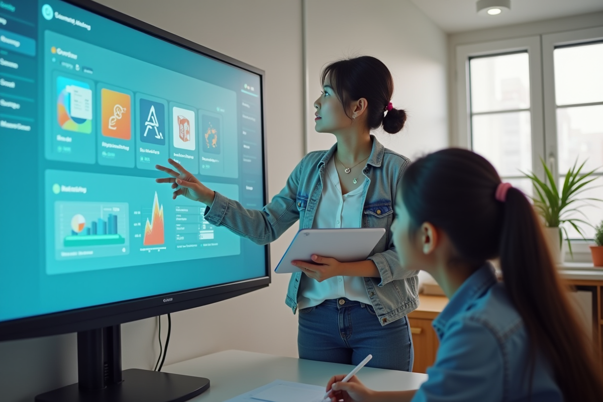 Enseignant guidant un étudiant sur un écran interactif