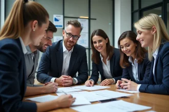 Groupe de quatre professionnels autour d'une table avec documents OHSAS 18001