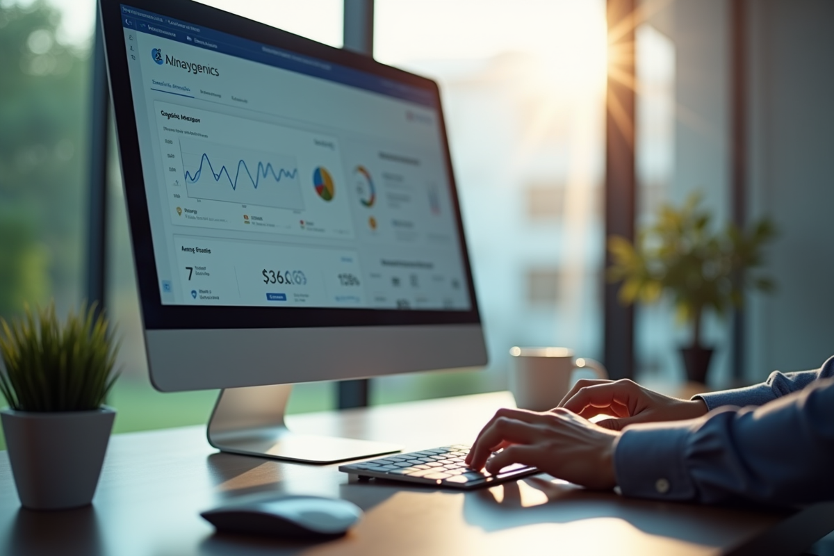 Espace de travail moderne avec écran de gestion d'entreprise