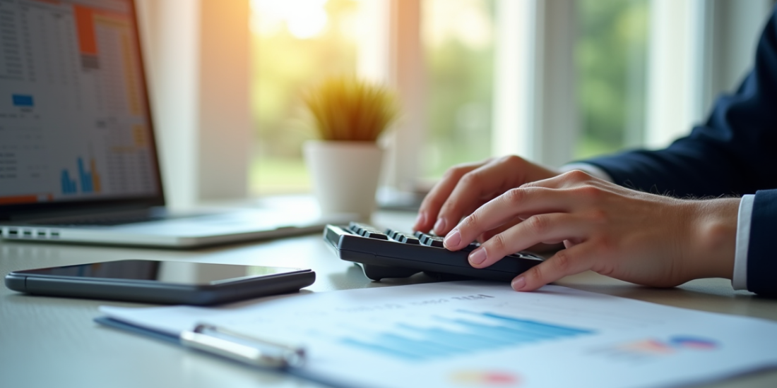 Espace de travail professionnel avec calculatrice et ordinateur