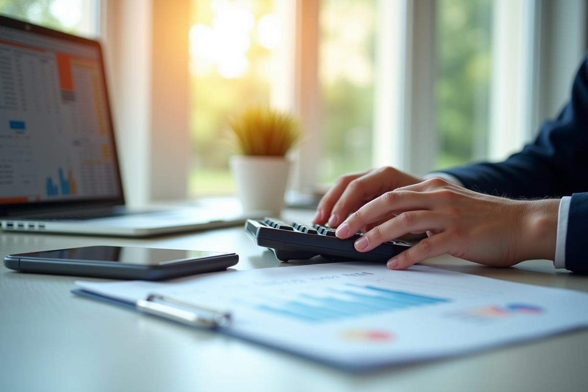 Espace de travail professionnel avec calculatrice et ordinateur