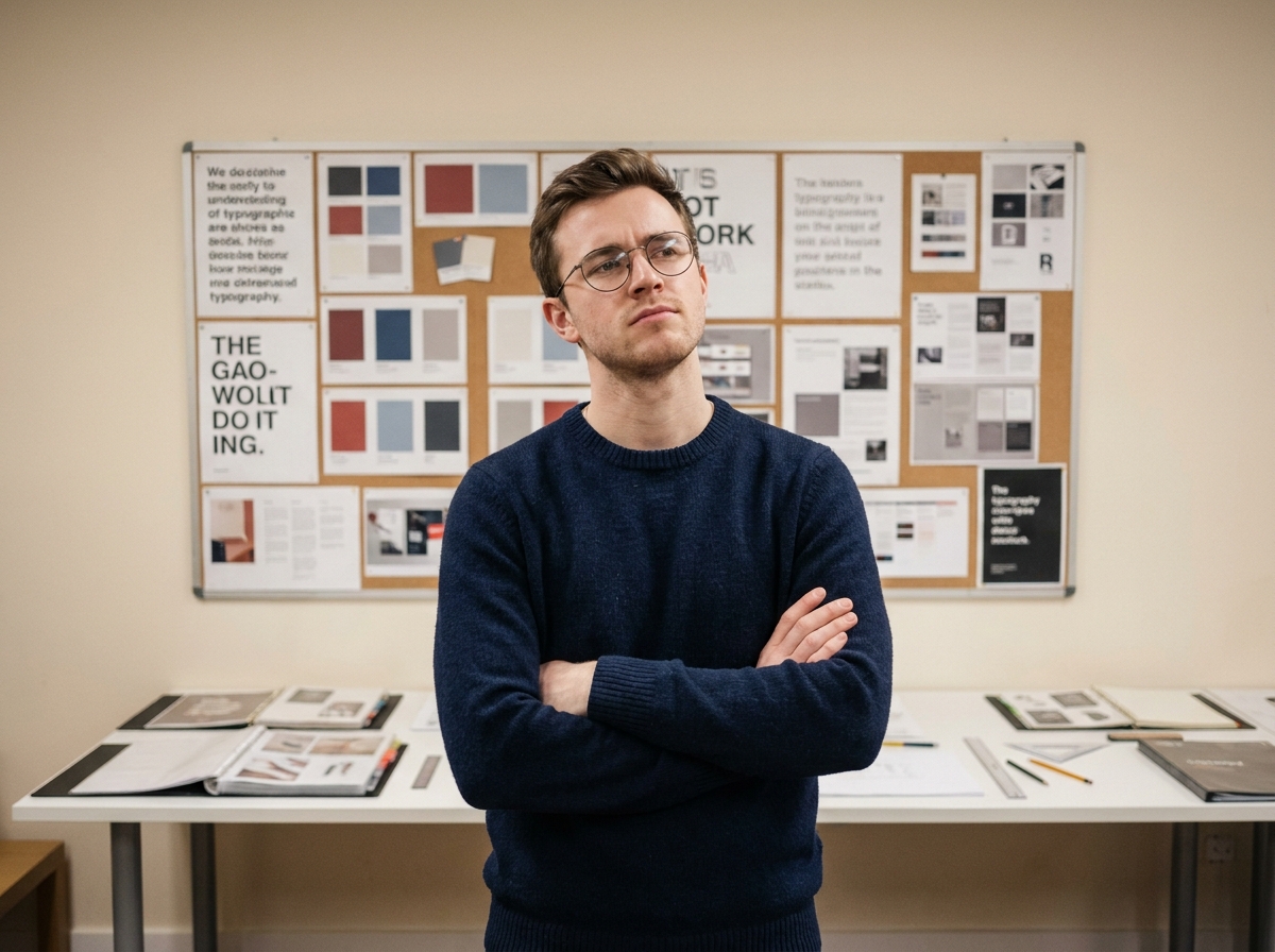 Étudiant en école de design graphique analysant ses travaux typographiques affichés sur un tableau de critiques