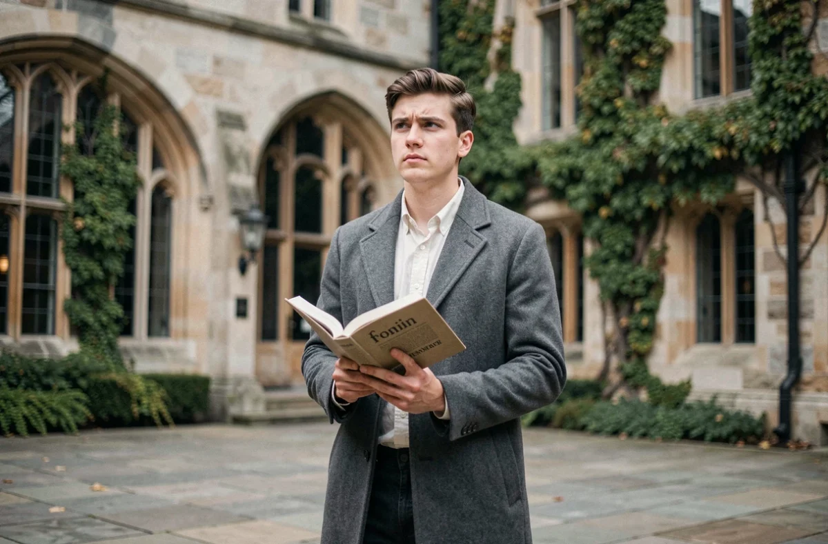 Étudiant en philosophie debout dans une cour universitaire tenant un manuel de philo ouvert, illustrant la réflexion sur le libre arbitre et l'âne de Buridan