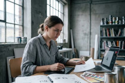 Étudiante en design graphique comparant une esquisse à la main avec sa version numérique sur un logiciel vectoriel dans un studio d'art