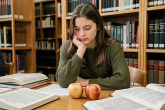Étudiante en philosophie réfléchissant au paradoxe de l'âne de Buridan avec deux pommes identiques posées sur son bureau de bibliothèque