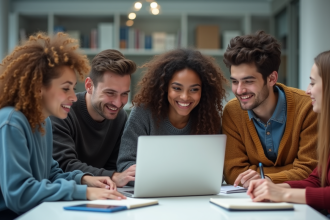 Groupe d'étudiants divers travaillant ensemble sur un ordinateur portable