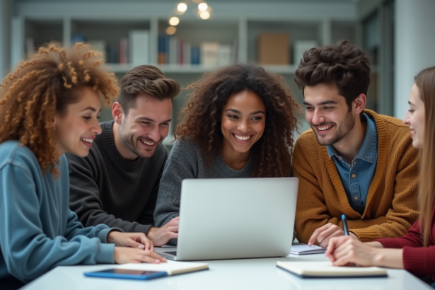 Groupe d'étudiants divers travaillant ensemble sur un ordinateur portable