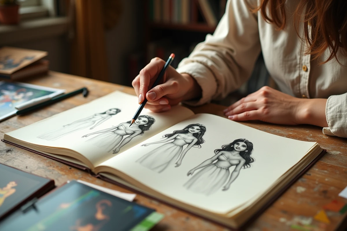 Mains d'une illustratrice feuilletant des croquis d'animation de Jasmine montrant l'évolution du personnage Disney du dessin animé au remake live