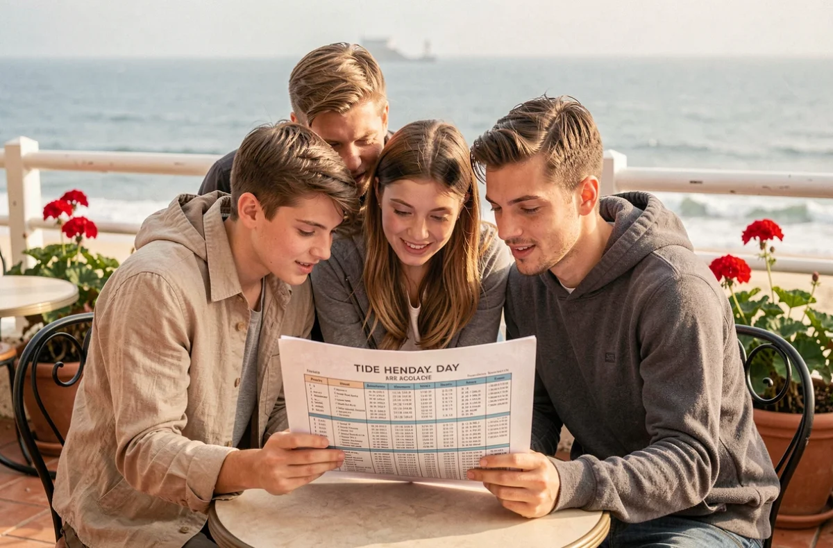 Famille consultant un calendrier des marées de Hendaye en terrasse de café pour organiser leurs activités de plage