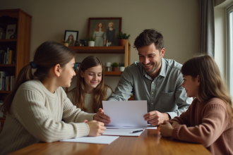 Famille recomposée autour d'une table en intérieur chaleureusement