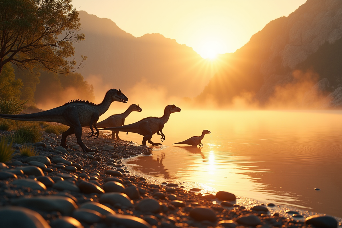 Famille d Utahraptors au bord d un lac au lever du soleil