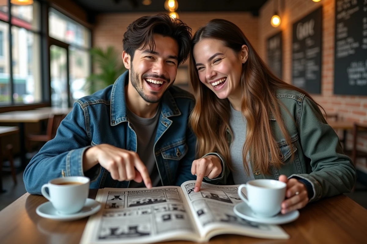 Deux fans discutant d'un détail caché du scan One Piece 1138 autour de pages imprimées dans un café