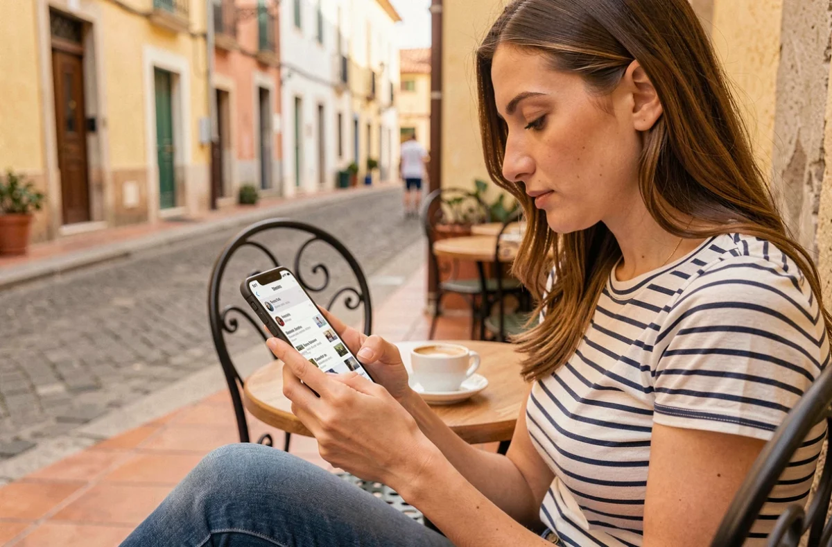 Une femme parcourt l'application Annudà sur son smartphone dans un café corse ensoleillé