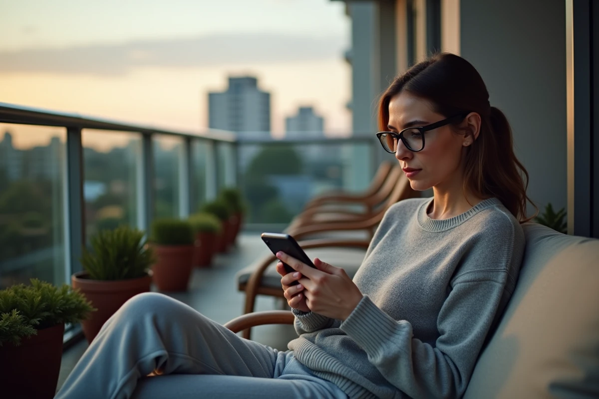 Femme relaxant sur un balcon urbain en regardant Clash of Clans