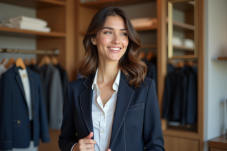 Femme élégante en blazer bleu dans une boutique lumineuse
