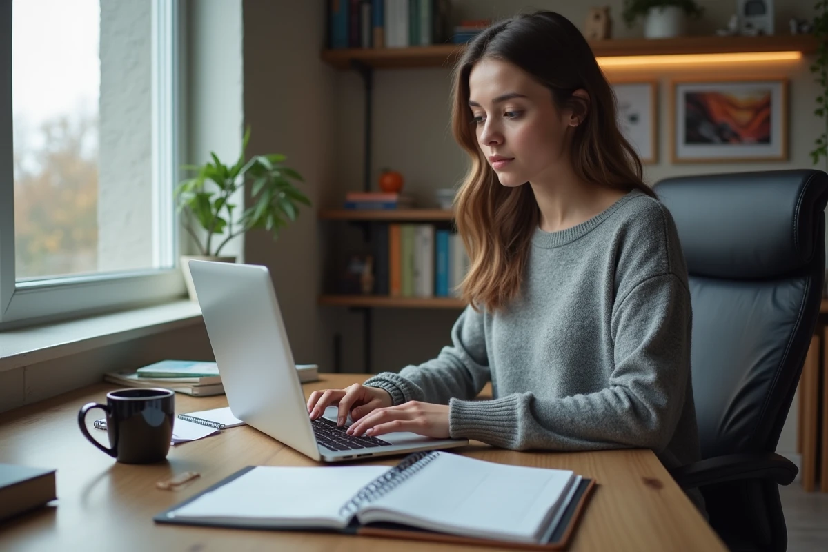 Jeune femme concentrée travaillant sur son ordinateur dans un bureau moderne