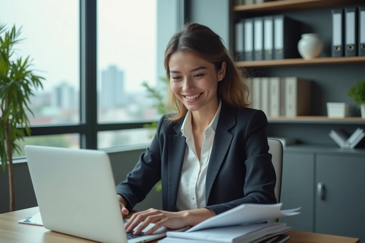 Jeune femme professionnelle souriante travaillant sur son ordinateur