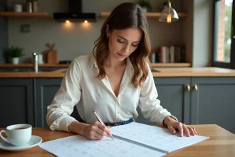 Femme en cuisine compare deux calendriers avec concentration