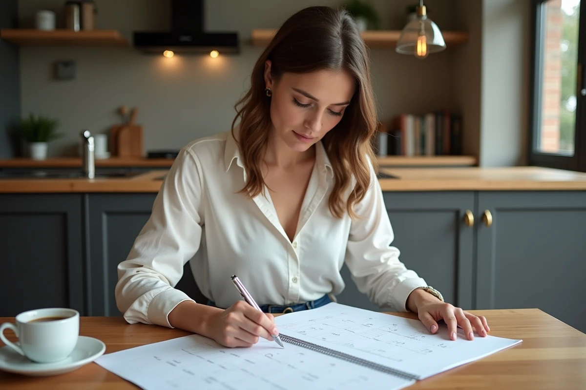 Femme en cuisine compare deux calendriers avec concentration