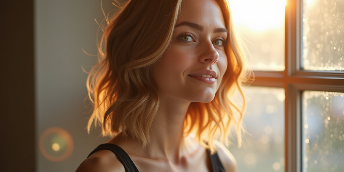 Femme avec coupe mi-longue lumineuse près d'une fenêtre en lumière naturelle