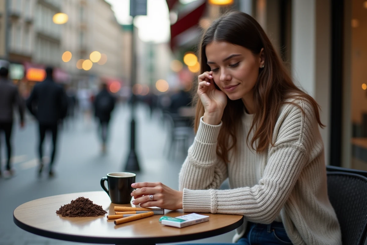 Jeune femme au café urbain examinant du tabac et cigarettes