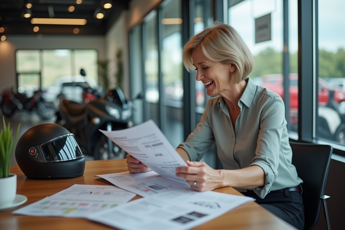 Femme souriante étudiant des brochures de motos dans un showroom