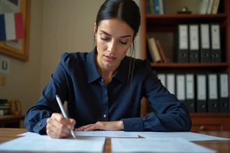 Femme étudiant les questions du test de naturalisation française avec des fiches de révision sur un bureau en bois
