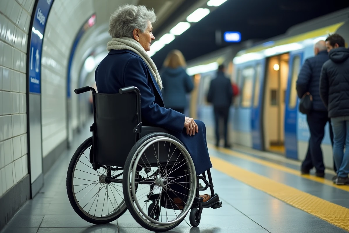 Femme en fauteuil roulant sur un quai de métro parisien accessible PMR avec portes automatiques et plancher nivelé