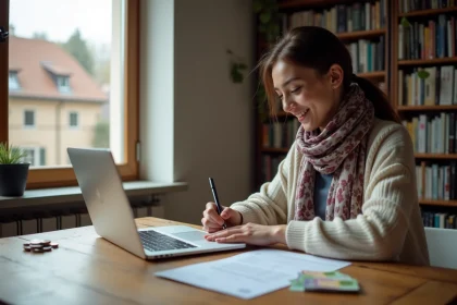 Jeune femme souriante gérant des papiers dans un appartement européen