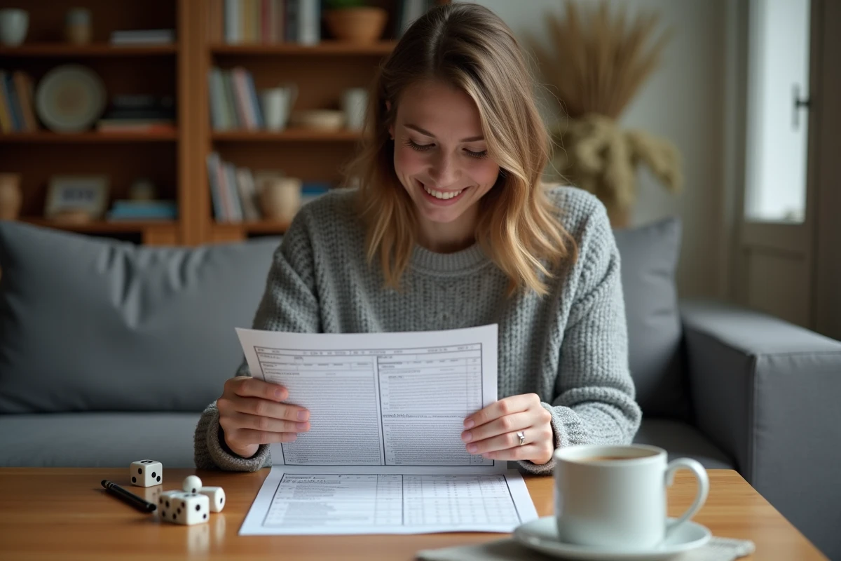 Femme consultant une grille de score Yam imprimée autour d'une table de salon