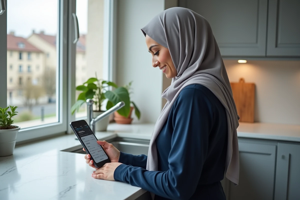 Femme consultant les horaires de prière sur smartphone dans une cuisine moderne en banlieue parisienne