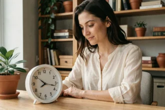 Femme contemplative regardant une horloge affichant 9h09 dans un bureau à domicile chaleureux, symbolisant le message angélique de transformation personnelle