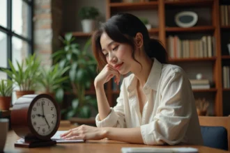 Femme contemplant une horloge analogique affichant 13h31, symbole des heures miroir et messages de l'univers
