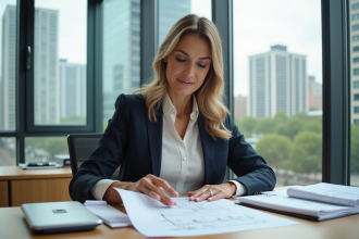 Femme d affaires examinant des documents immobiliers dans un bureau moderne