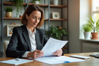 Femme d affaires examinant un document de décharge hypothécaire