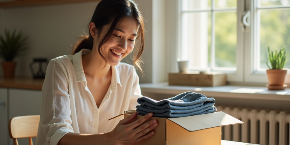 Femme souriante ouvrant un colis de vêtements à la lumière naturelle