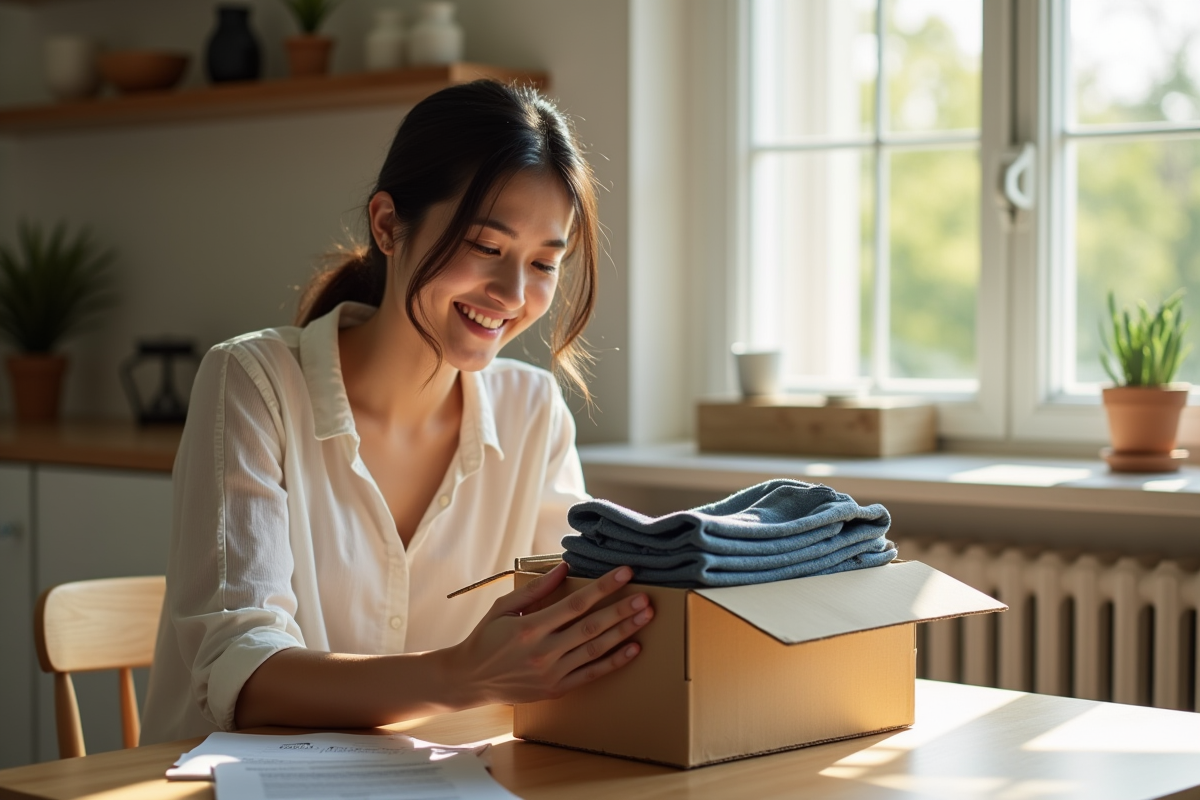 Femme souriante ouvrant un colis de vêtements à la lumière naturelle