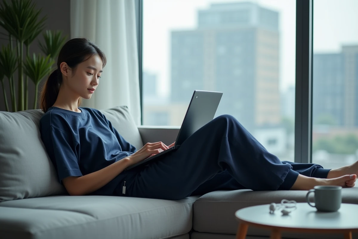 Jeune femme consultant un site de lecture de manga en ligne sur son ordinateur portable dans un appartement moderne