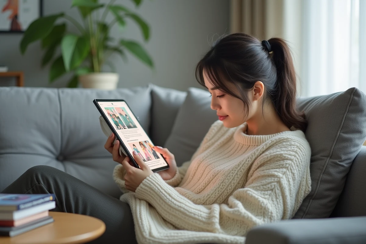 Femme lisant des scans de manga en français sur une tablette allongée dans un salon moderne et lumineux