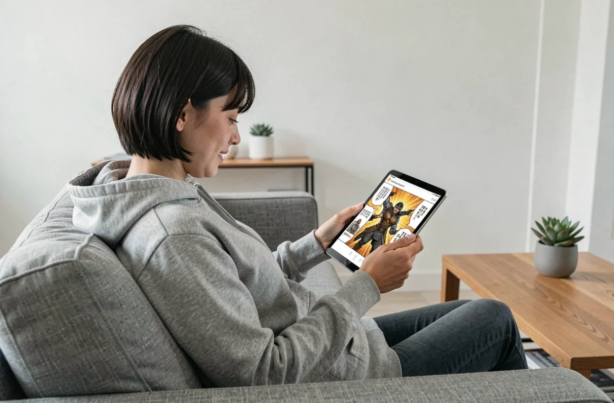 Femme lisant un manga numérique de type isekai avec héros surpuissant sur tablette dans un salon moderne