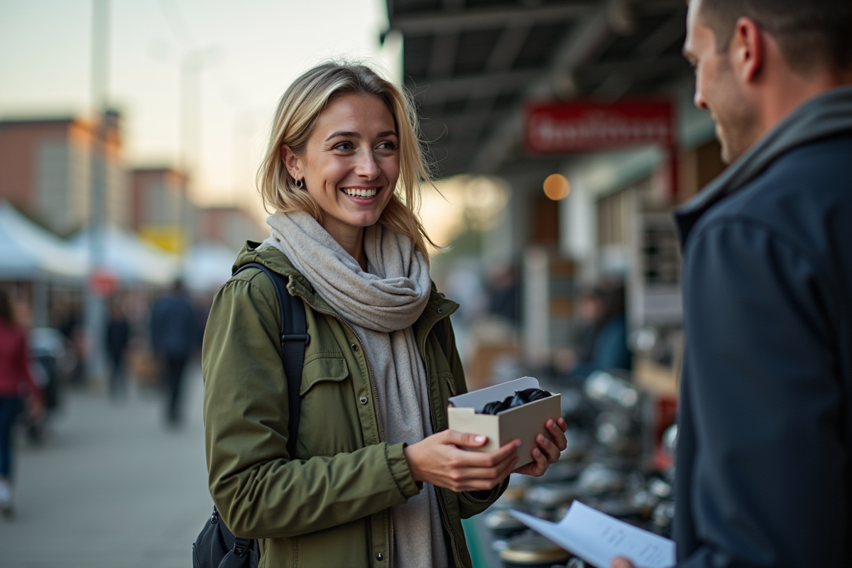 Jeune femme discutant avec un vendeur de pièces auto en marché