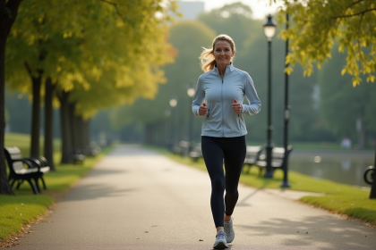 Femme en tenue de sport marche dans un parc au matin