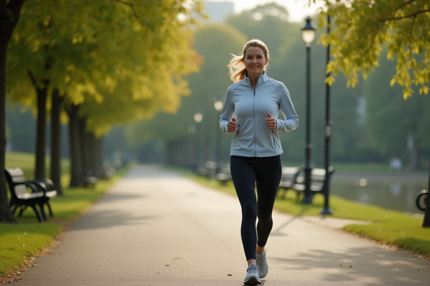 Femme en tenue de sport marche dans un parc au matin