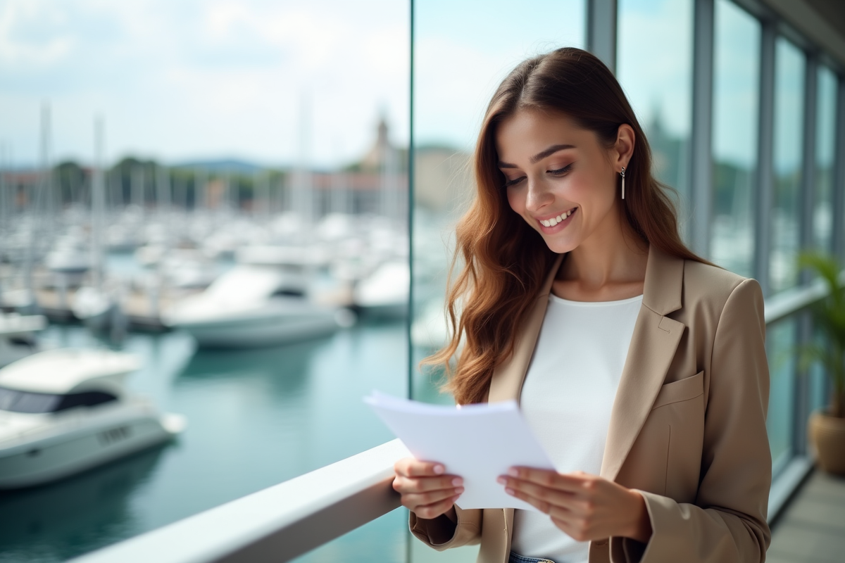 Jeune femme lisant une lettre sur une terrasse face à la marina