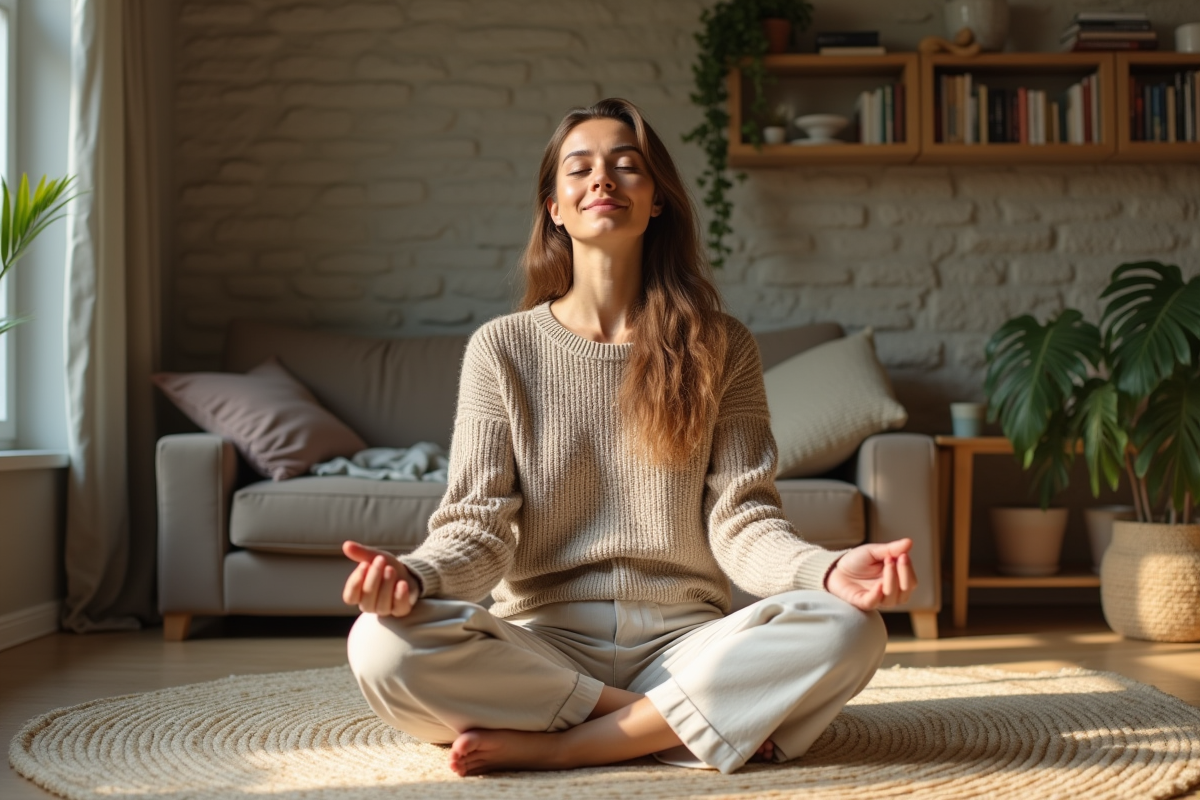 Femme méditant dans un salon lumineux et calme