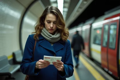 Femme dans le métro parisien examinant un ticket de transport