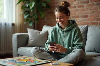 Jeune femme jouant à Monopoly GO sur smartphone avec plateau de jeu Monopoly posé sur une table basse