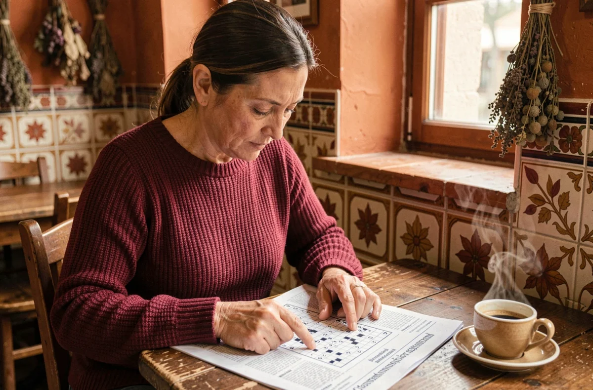 Femme résolvant des mots croisés dans un journal roumain dans un café traditionnel, cherchant des villes à 4 lettres