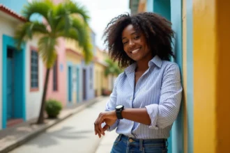 Femme noire regardant sa montre devant un panneau guadeloupeen